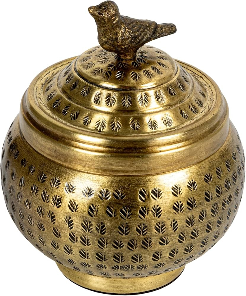 Creative Co-Op Round Hammered Metal Container with Bird Finial, Brass Finish | Amazon (US)