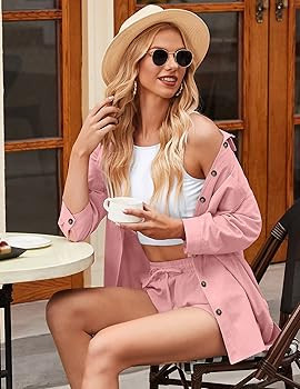 Beyove Women's Cotton Linen Set Casual Tracksuit Button Down 3/4 Sleeve Shirt Drawstring Shorts P... | Amazon (US)