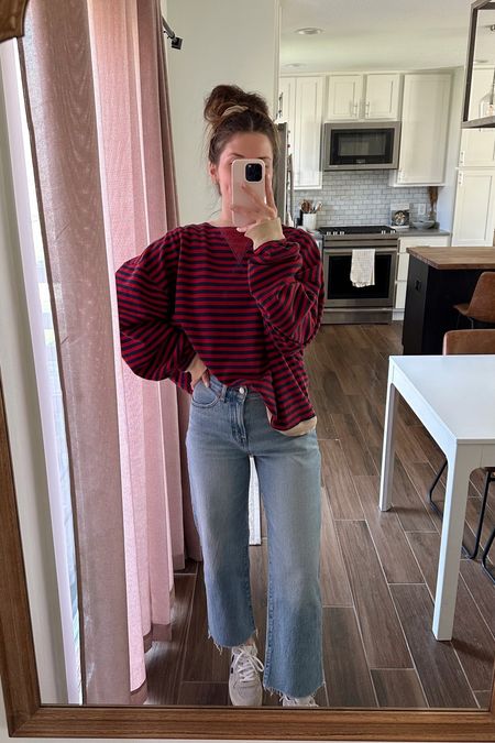 wearing a small in crewneck (could size down) 
jeans tts, love the fit, wash and style - so comfortable and flattering 
Linked a look for less crewneck 

Postpartum 
Casual spring outfit 
Mom outfit 

#LTKSeasonal