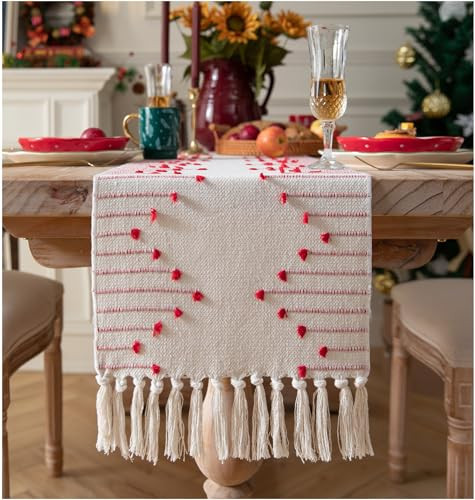 Valentines Table Runner 13 x 72 Inch Long Natural Cotton Woven Runner with Tassels for Home Dining Valentine's Day Decorations, for Modern Farmhouse Holiday Boho Red Table Runner | Amazon (US)