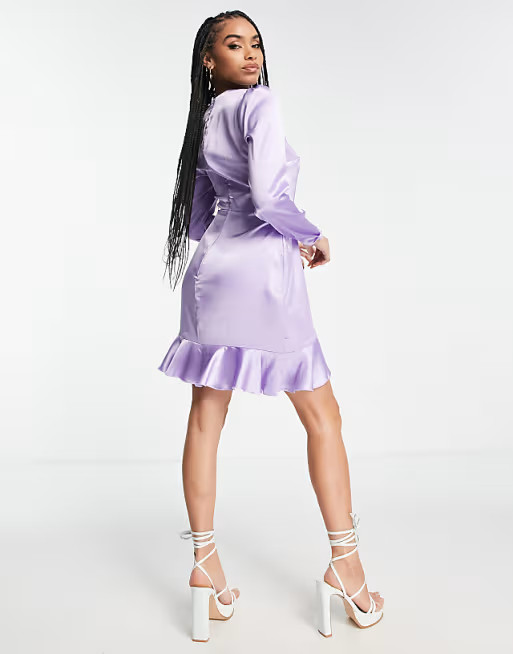 Flounce London satin long sleeve wrap mini dress in lilac | ASOS (Global)