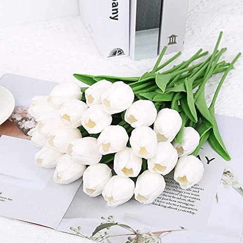 White Tulips Artificial Flowers, IPOPU 24PCS Real Touch Fake Tulips White Flowers Flores Artifici... | Amazon (US)