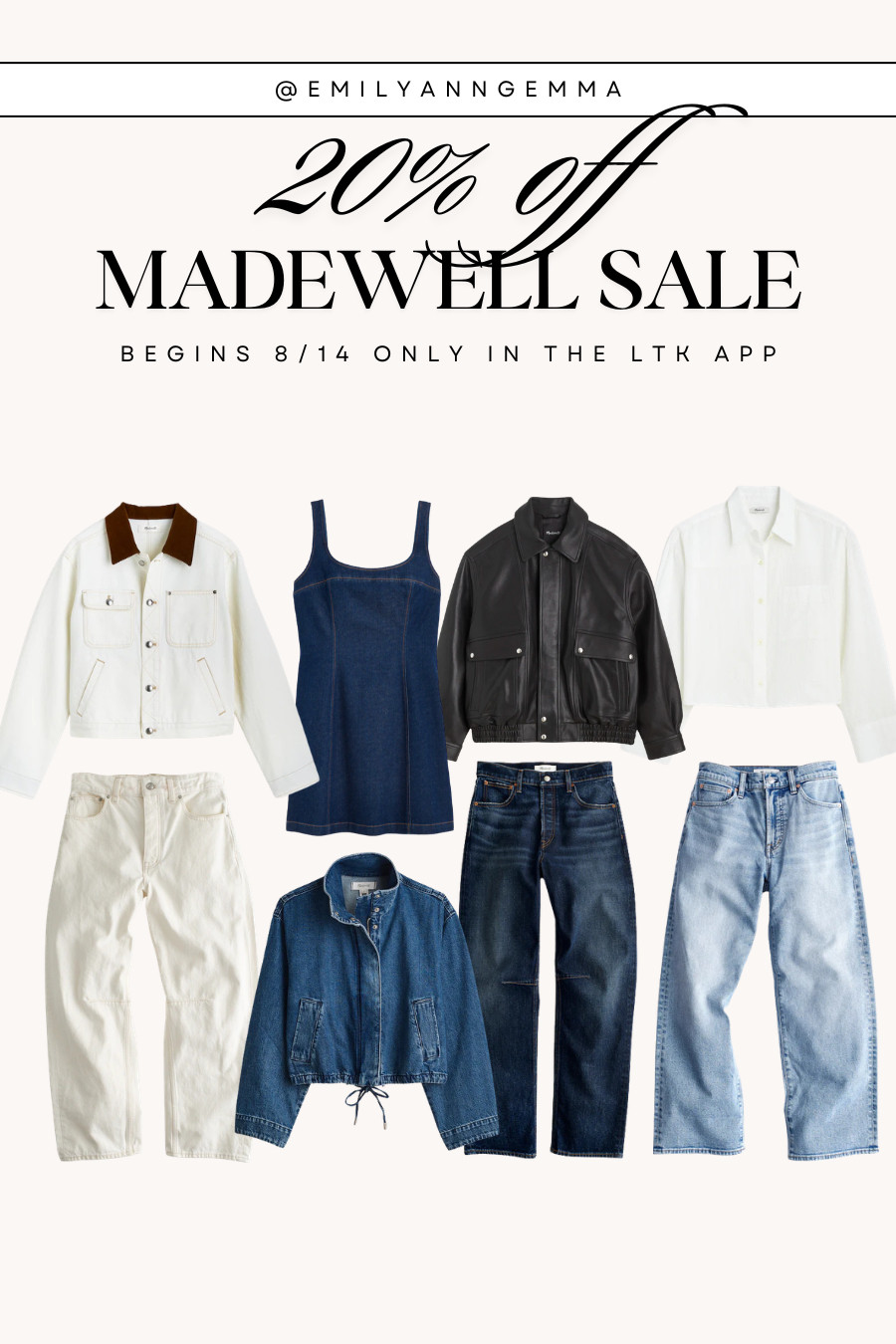 Madewell 20% off sale! 👖🤍 Begins 8/14 and runs through 8/17, exclusively in the LTK app. Shop denim finds, leather staple jackets, barrel-leg jeans, and easy fall-transition pieces.

Madewell sale
denim finds
leather jackets
barrel-leg jeans
fall transition outfits
elevated basics
denim staples
capsule wardrobe
emily gemma 

 #LTKxMadewell #LTKootd #LTKSaleAlert
