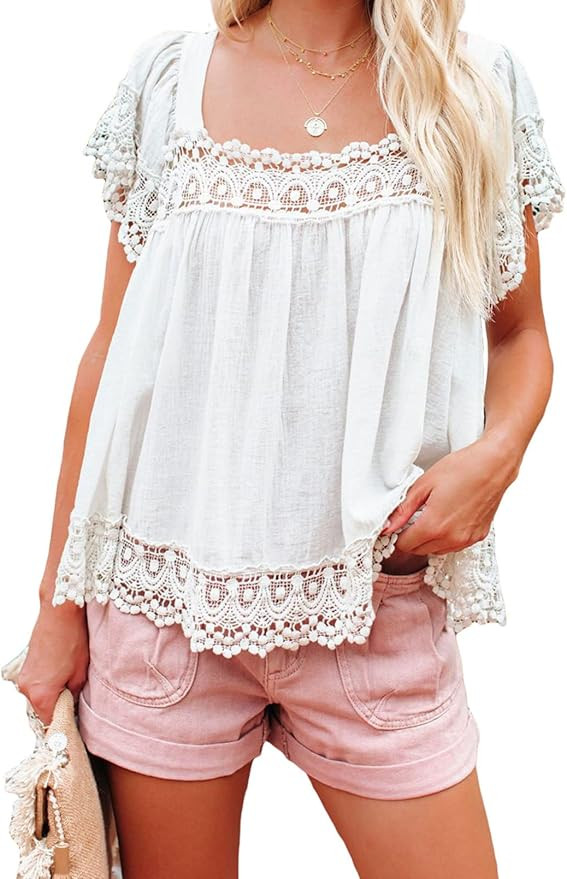 Dokotoo Womens Square Neck Lace Crochet Tunic Tops Flowy Casual Blouses Shirts | Amazon (US)