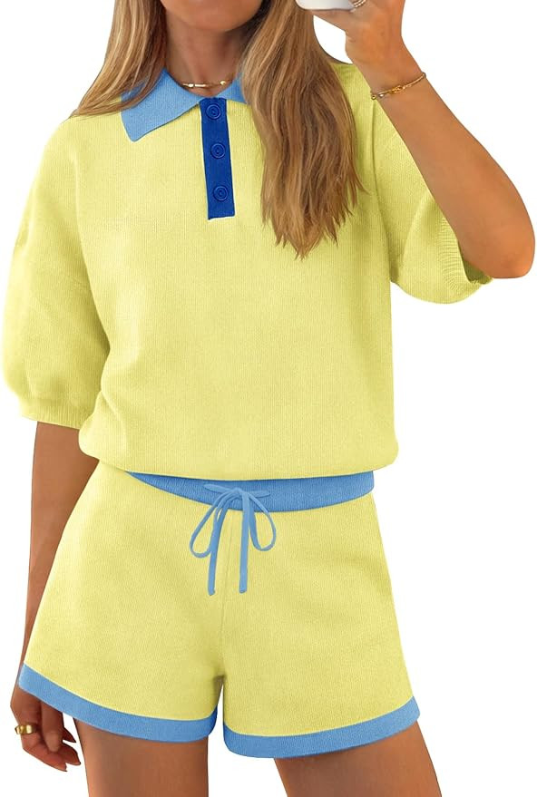 Tankaneo Womens 2 Piece Sweater Short Sets 2026 Summer Vacation Outfits Short Sleeve Knit Collare... | Amazon (US)