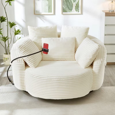 55.9'' Beige Corduroy Swivel Lounge Chair, 360° Swivel Round Sofa with Phone Holder & Plush Pillows for Living Room-3irtyhousy | Target