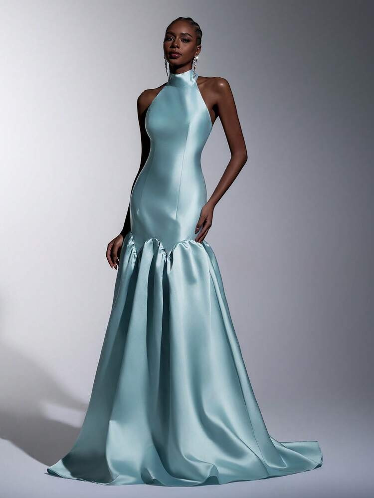 Elitara Elegant, Romantic, Fashionable Blue Satin High Neck Halter Backless Adjustable Tie Back Ruffle Hem Formal Party Dress, Wedding Guest Dress, Blue Maxi Dress, Fashionable & Elegant Bridesmaid Dress, Formal Evening Gown | SHEIN