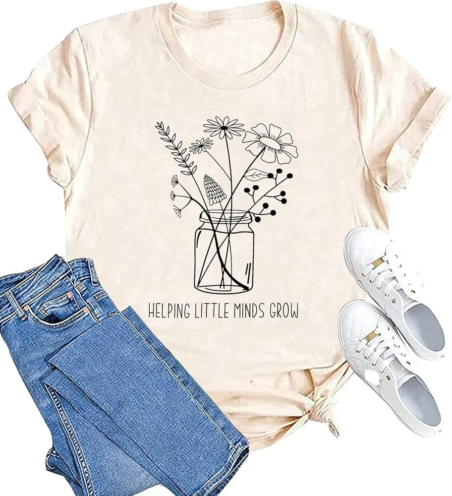 ASTANFY Women's Teacher Shirt - Helping Little Minds Grow, Plant Graphic, Black, Large, Regular F... | Amazon (US)