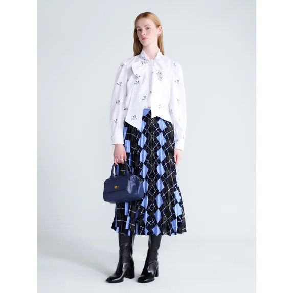 Free Assembly Women's Tie Neck Print Cotton Shirt with Long Puff Sleeves, Sizes XS-XXL | Walmart (US)