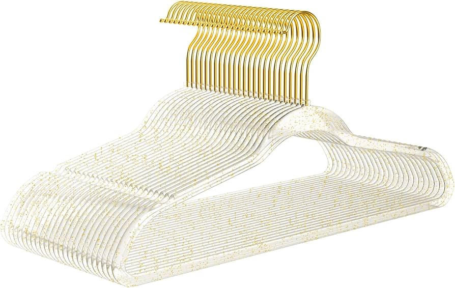 Premium Clear Invisible Acrylic Hangers,Crystal Plastic Hangers with Bling Gold Glitter 20 Pack U... | Amazon (US)