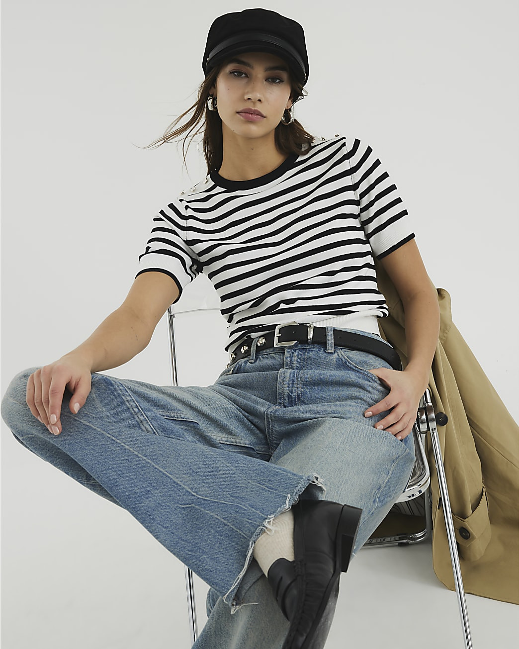 Black Striped Short Sleeve Button Knit Top | River Island UK & IE