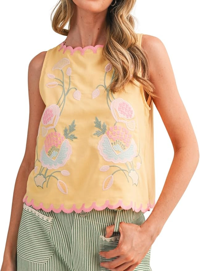 Women Sleeveless Floral Embroidered Top Scallop Hem Lightweight Casual Summer Tops for Daily Vaca... | Amazon (US)