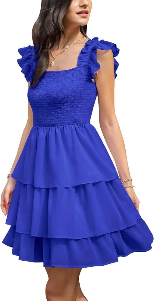 Byinns Womens Square Neck Sleeveless Ruffle Dress High Waist Backless Tiered Smocked Strappy Casual  | Amazon (US)