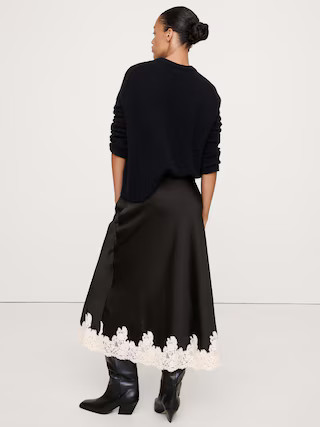 Stretch-Satin Lace-Hem Midi Skirt | Banana Republic (US)