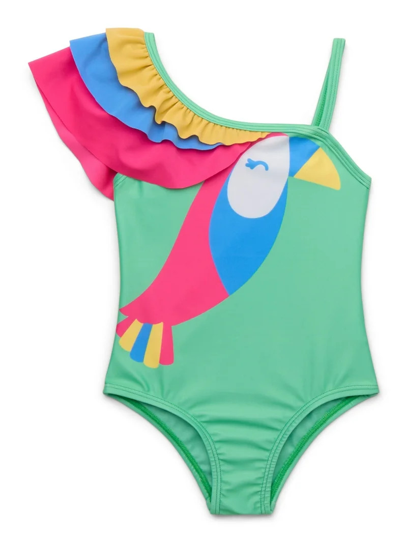 Wonder Nation Baby and Toddler Girl Ruffle One Shoulder Swimsuit, 1-Piece, Sizes 12M-5T - Walmart... | Walmart (US)