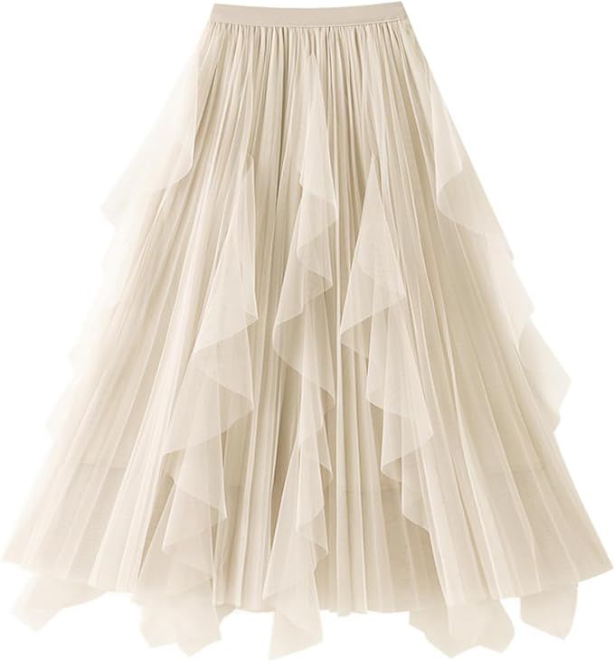 Women's A Line Tulle Midi Skirt Tutu Tiered Petticoat Skirts Tea-Length Elastic Waist Tutu Skirts | Amazon (US)