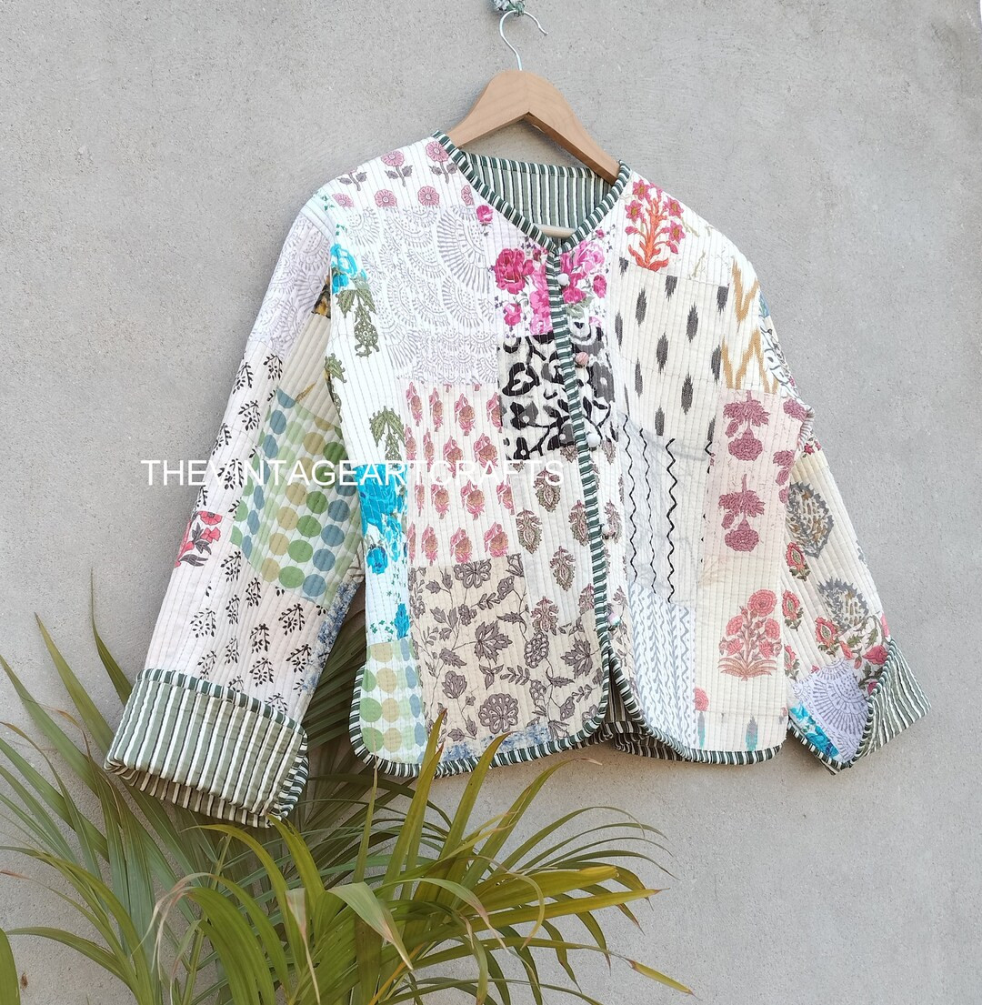 Handmade Patchwork Jacket, Hand Stitched Cotton Patchwork Jacket, Cotton Sari Kantha Coat, Short ... | Etsy (US)