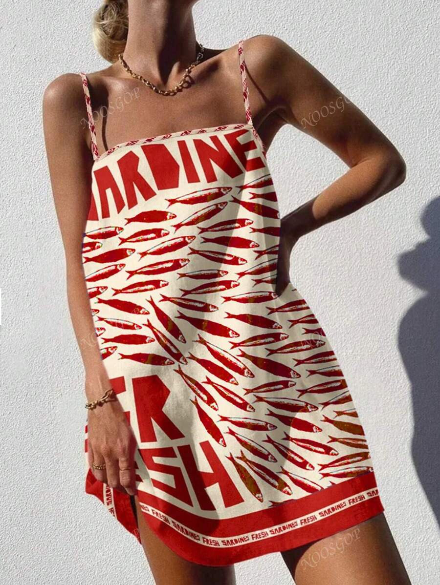Boho Spring And Summer Beachwear For Casual Versatile Suspender Letter Sardine Print Ropical Vaca... | SHEIN
