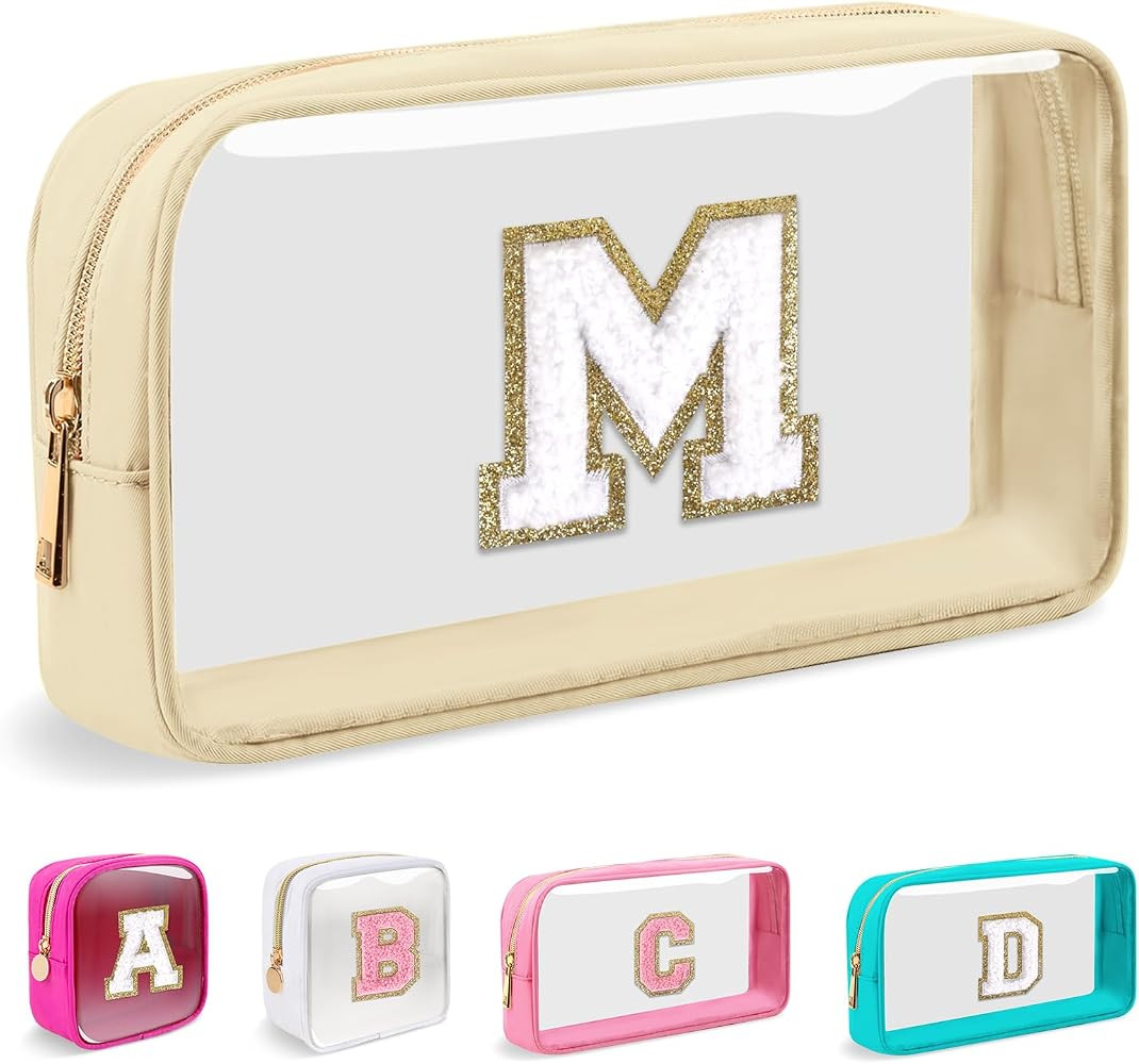 Small Clear Personalized Initial Makeup Bag,Nylon Preppy A-Z Chenille Letter Patch Cosmetic Pouch... | Amazon (US)
