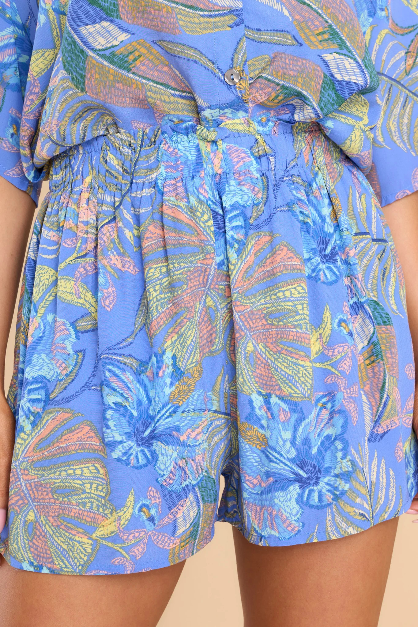 On The Wave Blue Tropical Print Shorts | Red Dress 