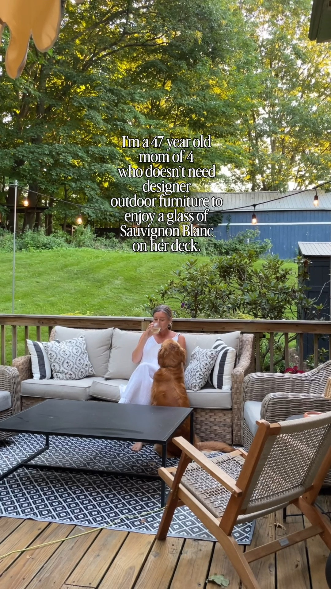 I enjoy a glass of Sauvignon Blanc on my Walmart outdoor furniture during golden hour.  My dog enjoys it too.  

Walmart outdoor furniture.  Better Home and Gardens furniture.  Outdoor sofa.  Outdoor swivel chair.  White maxi dress.  Black modern outdoor coffee table.  Cafe lights.

#LTKmomlife #LTKselfcare #LTKHome
