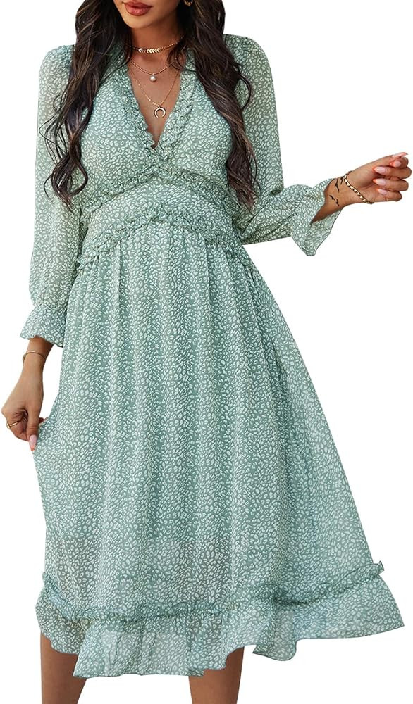 Women's Casual Midi Dress,V Neck Long Sleeves Floral Ruffle Summer Maxi Dresses | Amazon (US)