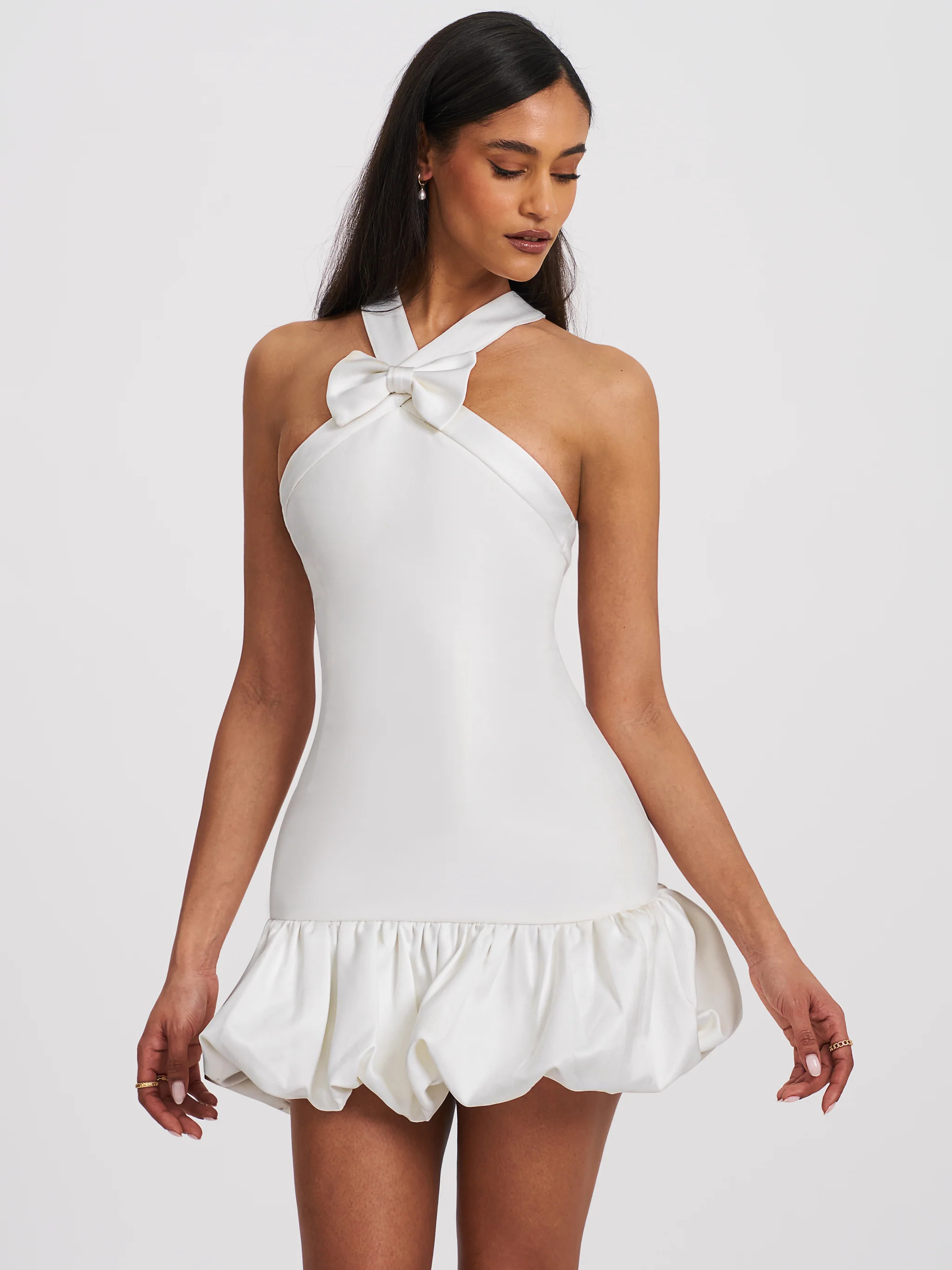 Barbra White Cross Straps Bodycon Mini Dress with Bubble Hem | Miss Circle