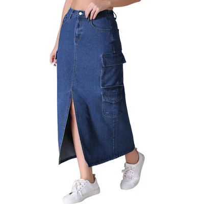 INSPIRE CHIC Women's Side Split Button Front Elastic Waist Flap Pockets Cargo Maxi Denim Skirt Dark Blue Small | Target