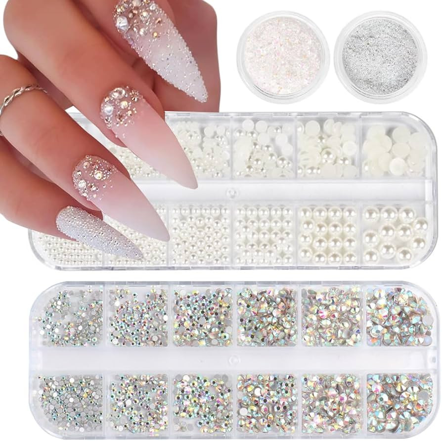KQueenest 4 Boxes Flatback Rhinestones and Pearls Nail Charms for Acrylics - Crystals, Half Round... | Amazon (CA)