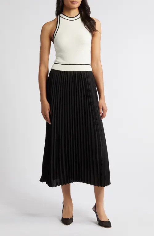 ZOE AND CLAIRE Pleated Skirt Mixed Media Midi Dress in Ivory/Black at Nordstrom, Size Small | Nordstrom