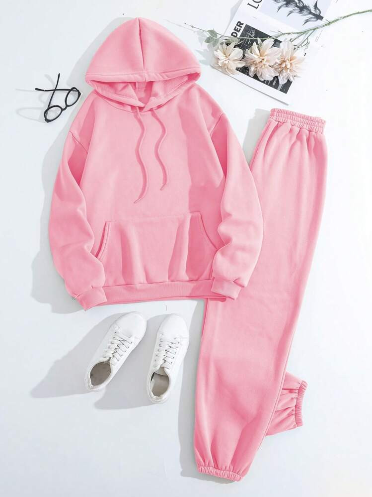 INAWLY Kangaroo Pocket Drawstring Thermal Lined Hoodie & Sweatpants,Ladies Casual Drawstring,Pocket Wrist-Length Sleeve Regular Fit Pink Drop Shoulder Sweatshirt Sweatpants Women Two-Piece Outfits,Spring/Fall,Casual Daily Wear | SHEIN