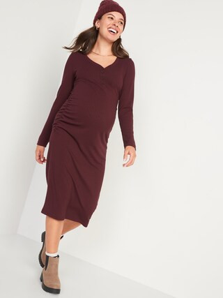 Maternity Long-Sleeve Ribbed Henley Midi Sweater Dress | Old Navy (US)