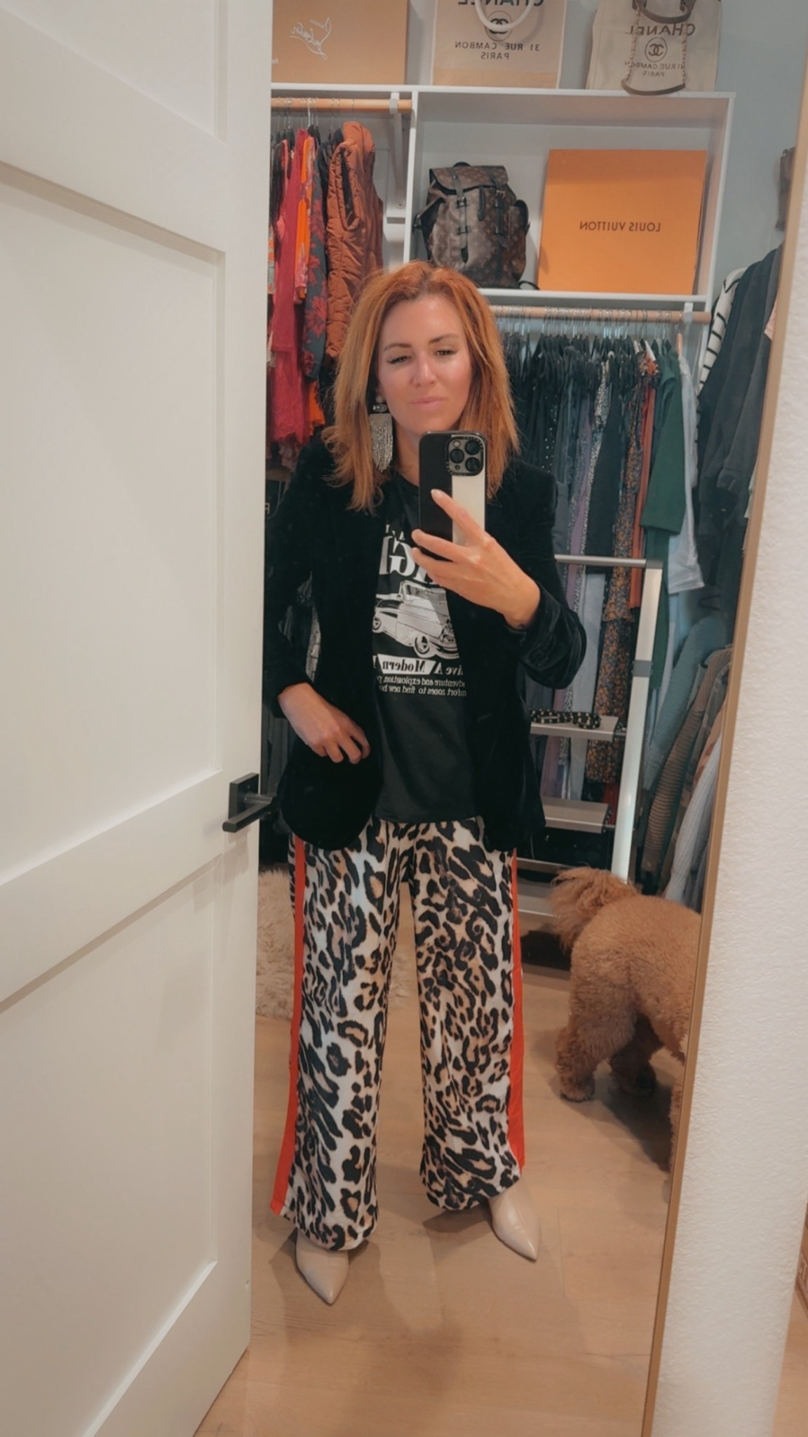 Loungewear turned dressy 💃🏽 wide leg flowy pants | black velvet blazer jacket | graphic tee | tan booties | earrings 

#LTKOver40 #LTKootd #LTKPetite