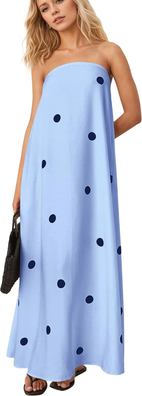 Women Polka Dot Strapless Maxi Dress Summer Flowy A Line Ruffle Backless Off Shoulder Long Tube D... | Amazon (US)