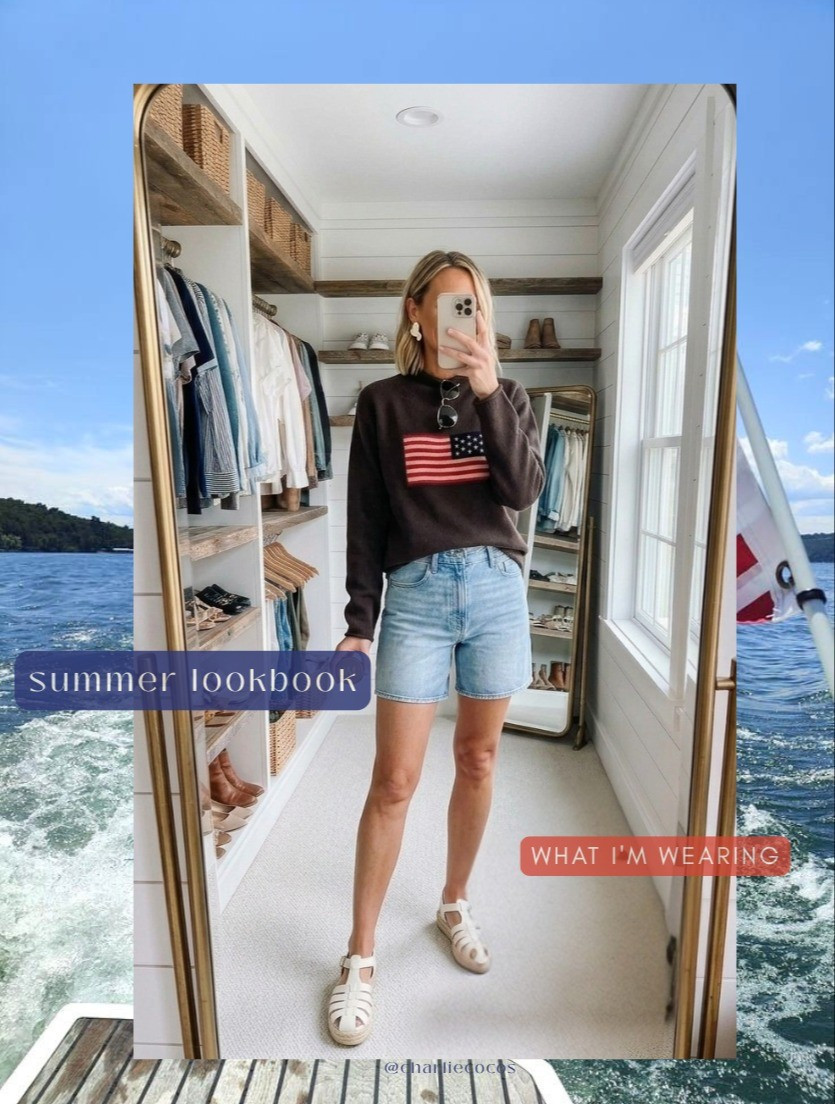 4th of july outfit. Tuckernuck summer haul. Agolde denim shorts. Fourth of July. Flag sweater. Fisherman sandals. Summer vacation outfits. Beach. Summer night out. Lake house style. 

#LTKootd #LTKOver40 #LTKmomlife