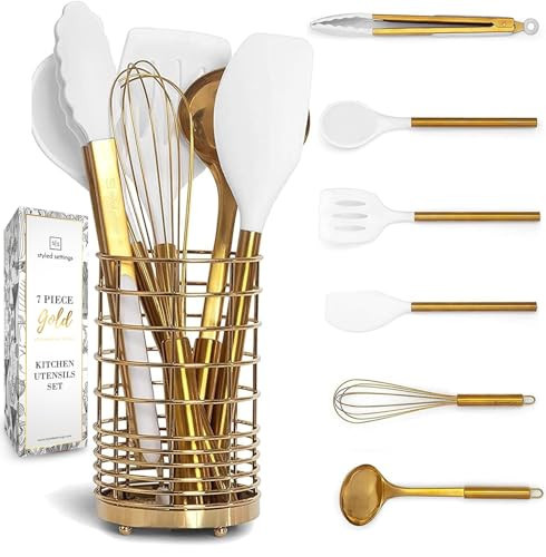 Gold Kitchen Utensils Set – 7-Piece White Silicone Cooking Tools with Gold Utensil Holder – Luxury Kitchen Accessories for Stylish Cooking and Serving, Ideal for Gifting | Amazon (US)