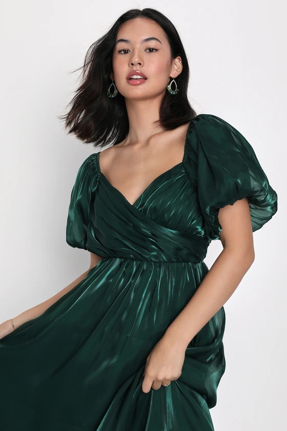 Remarkable Sensation Emerald Green Puff Sleeve Tiered Midi Dress | Lulus