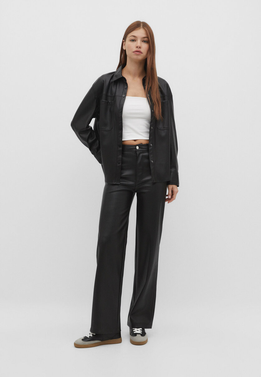 Wide-leg leather effect trousers - Women's fashion | Stradivarius United Kingdom | Stradivarius (UK)