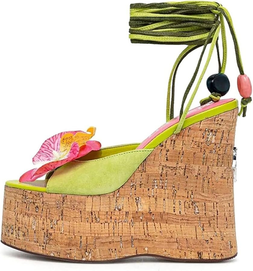 women's Flowers Cork Platform Bohemian wedge sandals Womens ankle Strap Tropical Peep Toe lime green Tie Up High Heel Party Prom Evening Dance Shoes | Amazon (US)