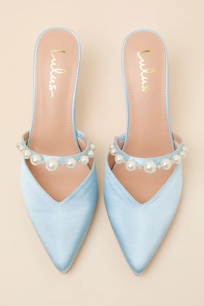 Daryll Light Blue Satin Pearl Pointed-Toe Mule Pumps | Lulus