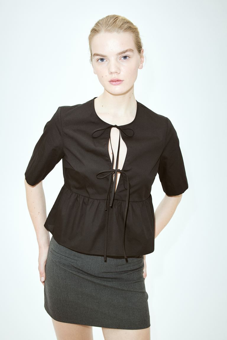 Tie-front poplin blouse - Black - Ladies | H&M GB | H&M (UK, MY, IN, SG, PH, TW, HK)
