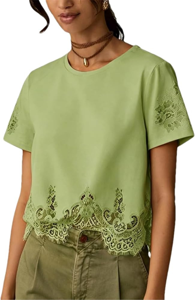 Aimiray Women's Lace Tops Cropped Crew Neck Lace Trim Shirt | Amazon (US)