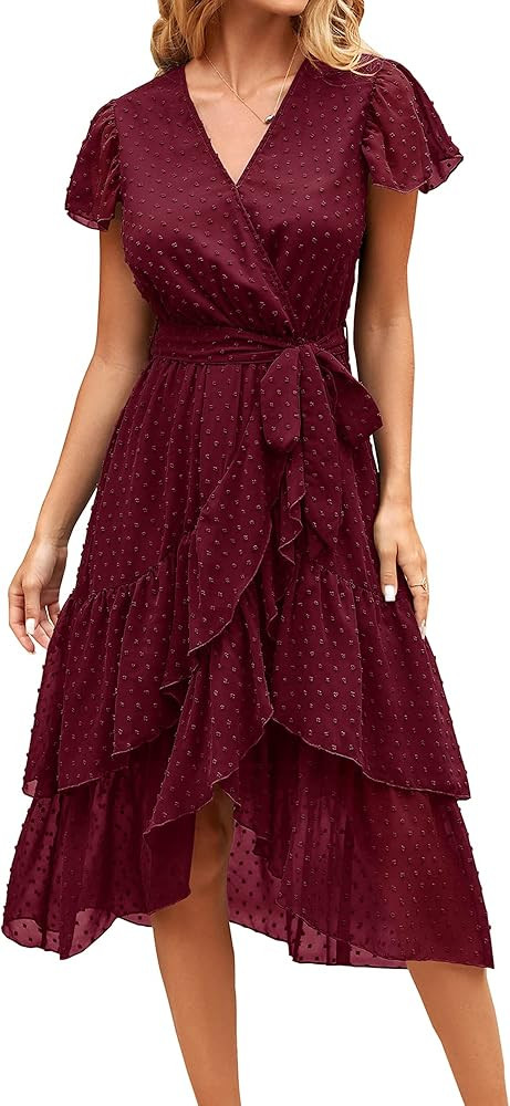 Zenlonr Women 2023 Summer Short Sleeve Dresses Casual Wrap V Neck Swiss Dot Belt Ruffle Swing Mid... | Amazon (US)