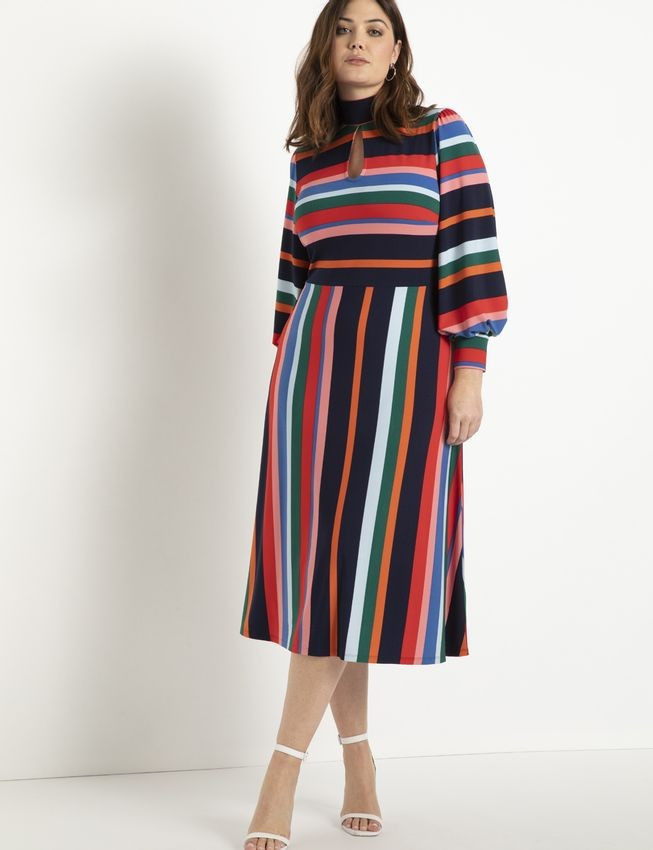 A-Line Dress With Puff Sleeves - Rainbow Stripe | Eloquii
