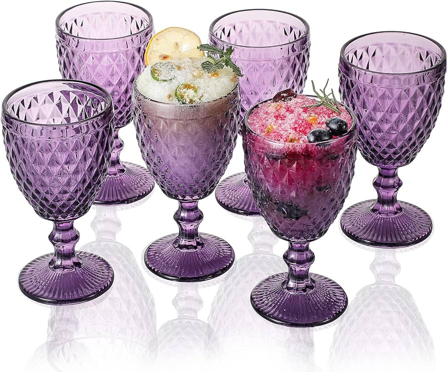Purple Glass Goblets Set of 6 Stemware 10 oz Embossed with Diamond Pattern Colored Vintage Glassw... | Amazon (US)