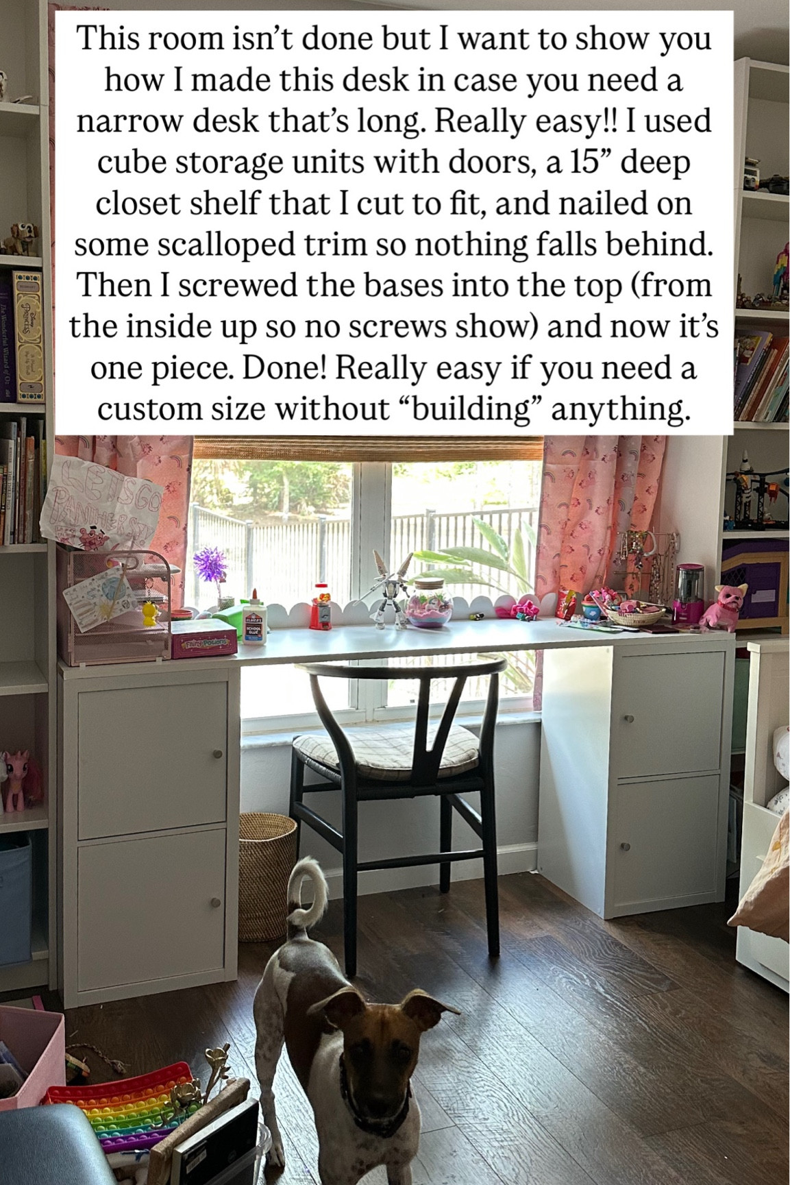 I doubled up the scalloped trim bc it’s thin. Just glue two of the pieces together before you nail them to the back! 

Custom desk
Easy custom desk 
Narrow desk hack 