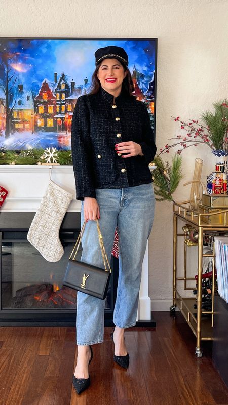 Perfect brunch outfit for the holidays 

Black Tweed Jacket by Sail to Sabel
GRLFD jeans via revolve 

Holiday outfit 
Tweed jacket 
Straight Leg Jeans 
