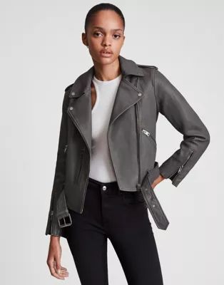 AllSaints Balfern leather moto jacket in gray | ASOS (Global)