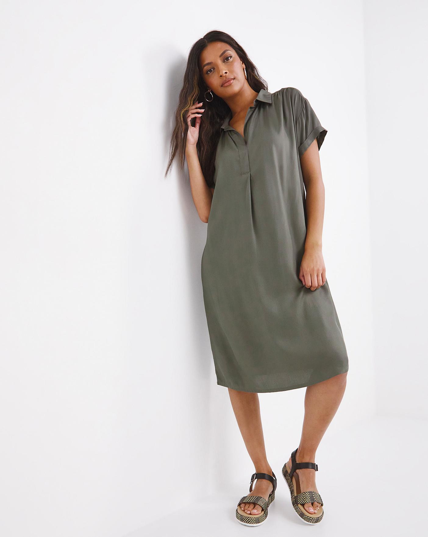 Khaki Relaxed Open Collar Shirt Dress | JD Williams (UK)