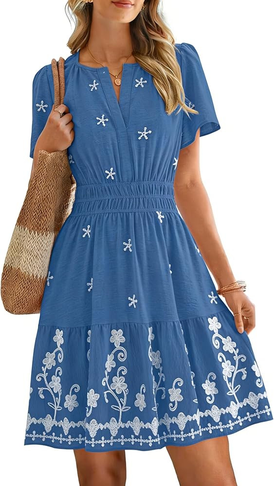 Simplee Womens Summer Mini Dress V Neck Short Sleeve Embroidery Wedding Guest Dress A Line Boho D... | Amazon (US)